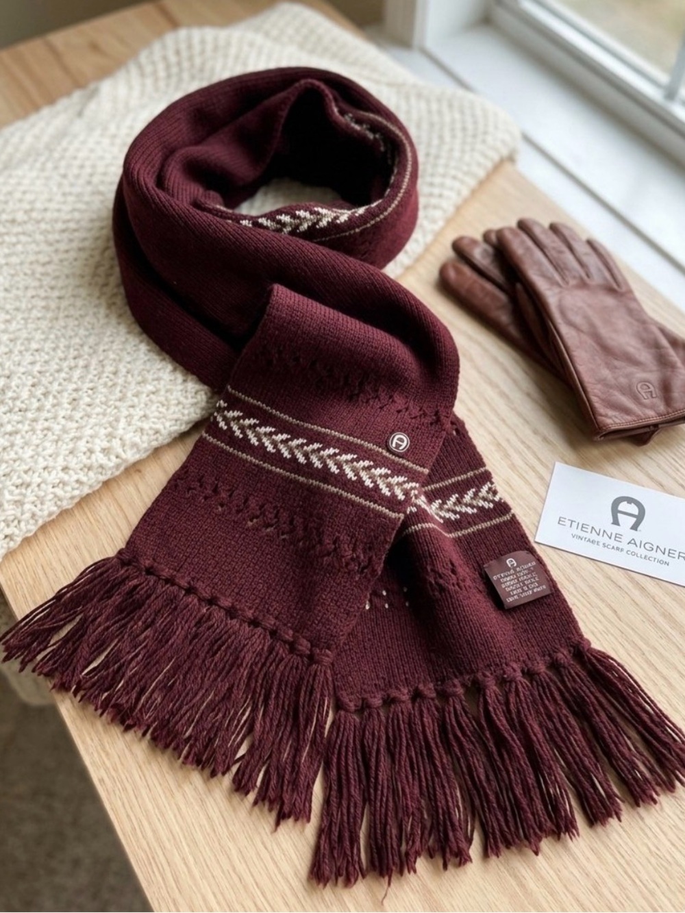 Etienne Aigner Maroon Knit Fringed Scarf with Cream Accent